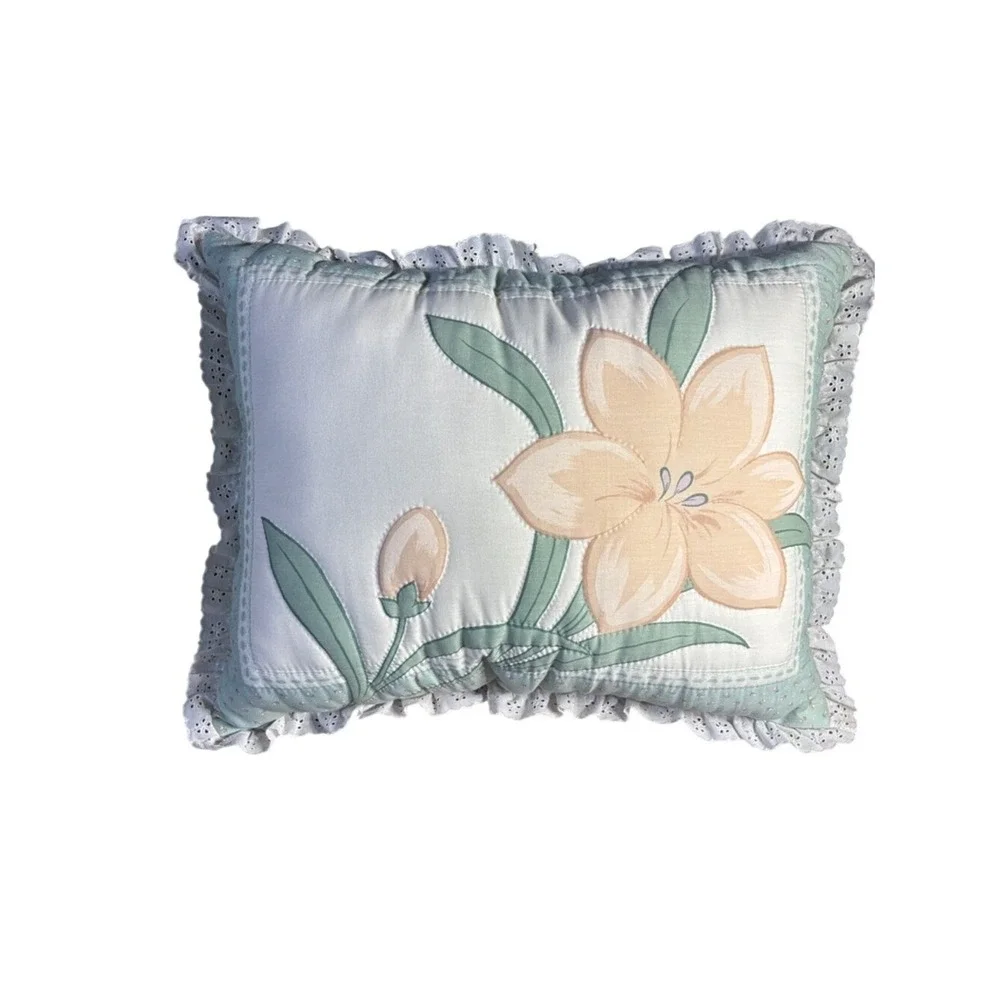 Vintage Oversized Quilted Tiger Lilly Decorative Pillow w/Ruffle CottageCore 80s